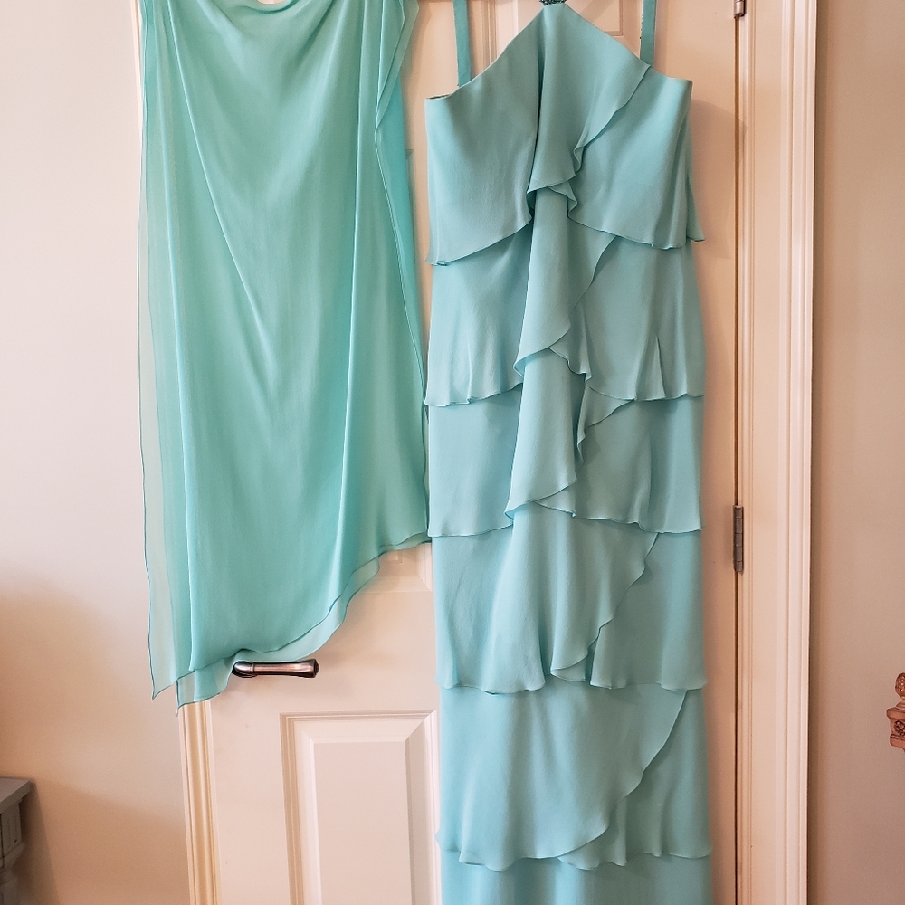 Daymor Couture aqua tiered dress and shawl